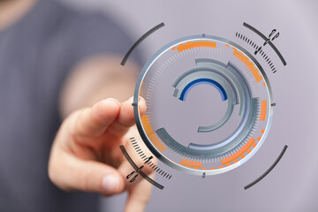 A person's finger touching a digital interface. Futuristic technology concept with a network graphic element.