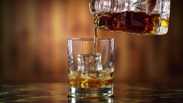 Exquisite macro slow-motion video: hand pours amber bourbon into glass with ice, intricate splashes. Luxurious golden hour lighting on bokeh wood. High-end advertising concept