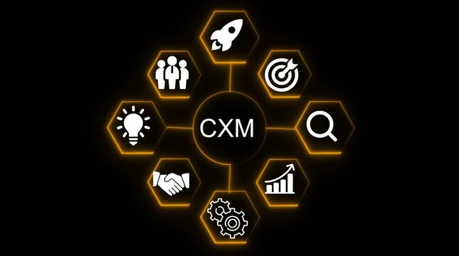 C X M Customer Experience Management Strategy Icons Business Growth Success Teamwork Innovation Search Goals Partnership Gears Analytics Rocket Launch Digital Marketing Concept