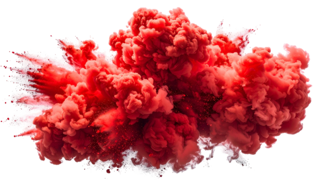 Vivid red cloud explosion, expanding outwards, creating a dynamic, smoke-like form against black