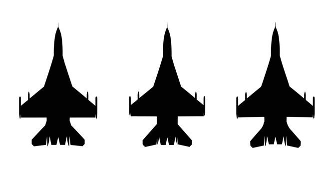 Three black silhouettes of fighter jets positioned in a horizontal row