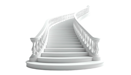 A majestic, white, winding staircase against a black background, emphasizing elegance and height