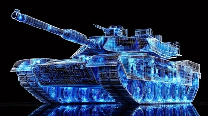 Armored tank blueprint digital wireframe hologram technology concept