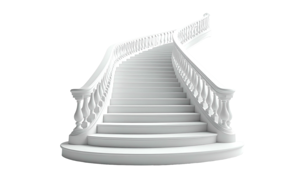 A majestic, white, winding staircase against a black background, emphasizing elegance and height