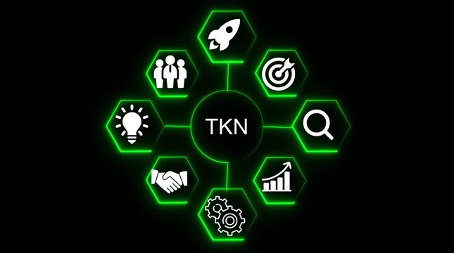 Business strategy infographic concept with glowing neon green hexagons and white icons representing teamwork startup target search growth gears and idea generation T K N central element
