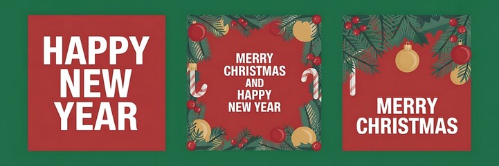 Happy new year and merry christmas greeting cards with festive decorations