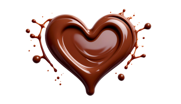 Rich, glossy heart shape made of melted brown confection, splattering onto a black background