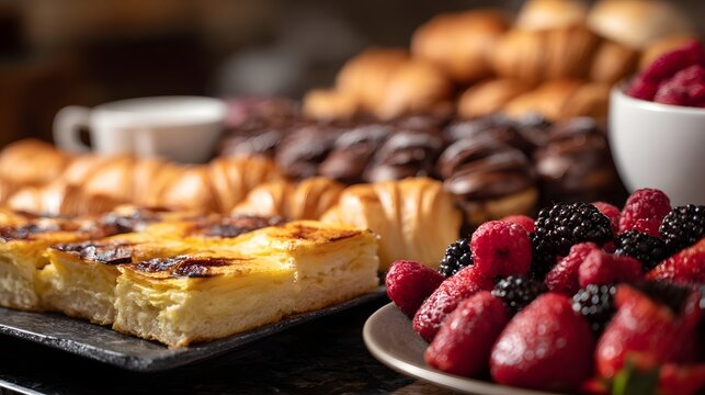 A sunlit breakfast buffet displaying an assortment of golden pastries and fresh mixed berries elegantly presented