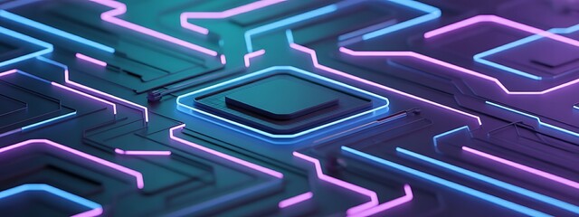 Abstract futuristic circuit board with neon blue and purple lights