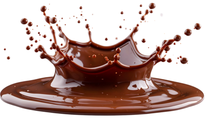 A vibrant, detailed splash of thick, liquid chocolate erupting upwards. The splash is in the shape of a crown
