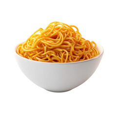 A white bowl piled high with glistening yellow noodles isolated on a plain black background