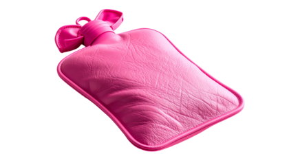 A pink rectangular hot water bottle with a bow, isolated on a black background