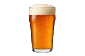 Glass of cold golden beer with frothy white head and condensation, refreshing alcoholic beverage on transparent background