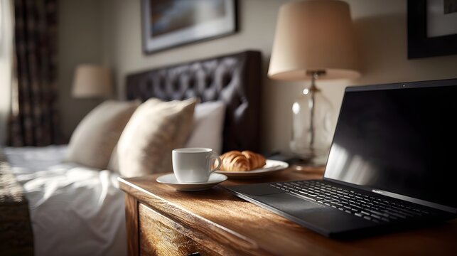 A laptop coffee and croissant are placed on a wooden desk in a hotel room - Powered by Adobe