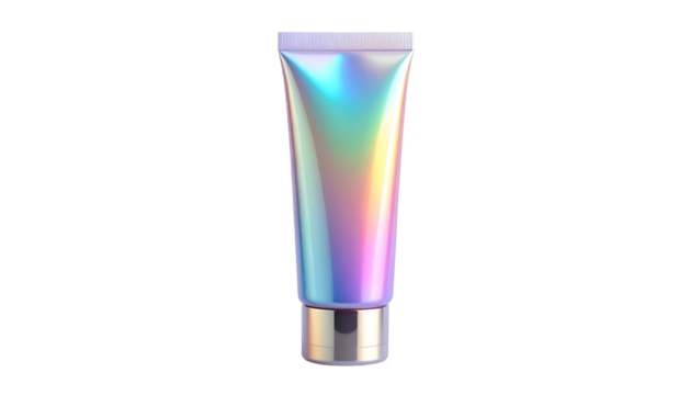 An iridescent cosmetic tube isolated against a black backdrop