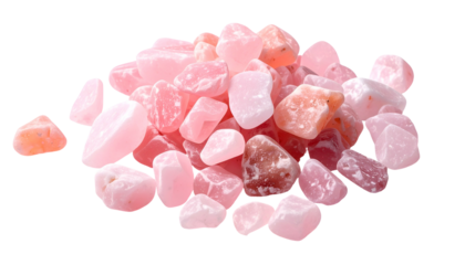 A pile of various pink, translucent, and rosy quartz stones arranged on a black background