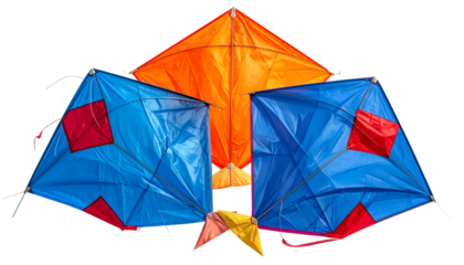 A cluster of vibrantly colored kites with various geometric shapes set against a black backdrop