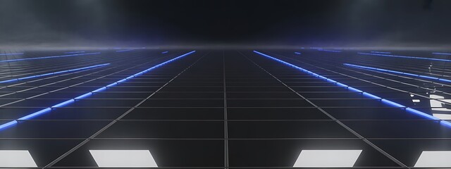 Futuristic digital grid tunnel with glowing blue lines and white squares