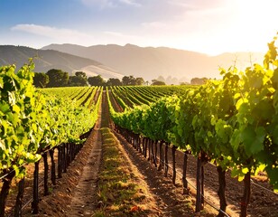 Lush vineyard rows under golden sunset