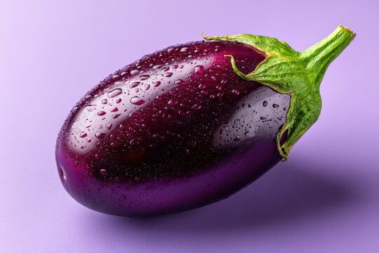 Fresh, deep purple vegetable covered in tiny water droplets rests on a solid lavender background.