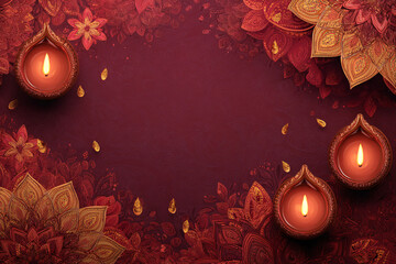 Festive Diwali backdrop with candles, flowers and purple textured background with space for text, copyspace, horizontal banner