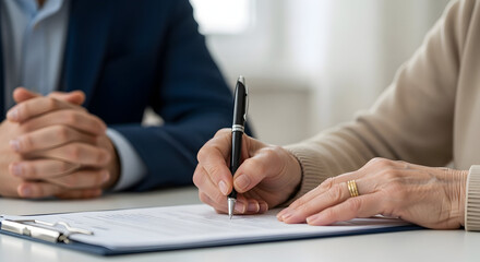 Mature Woman Signing Legal Documents With Attorney Assistance Professional Contract Review for Elderly Client Retirement Planning and Legal Agreement Approval