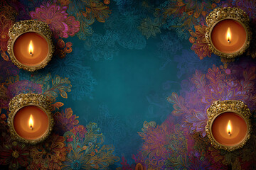 Festive Diwali backdrop with candles, flowers and blue textured background with space for text, copyspace, horizontal banner