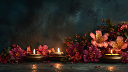 Festive Diwali backdrop with candles, flowers and dark textured background with space for text, copyspace, horizontal banner