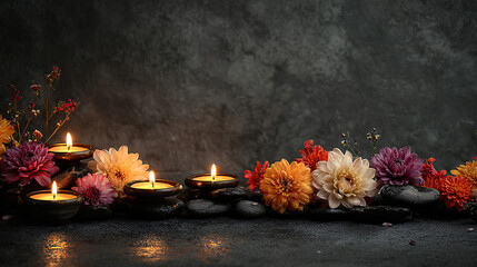 Festive Diwali backdrop with candles, flowers and dark textured background with space for text, copyspace, horizontal banner