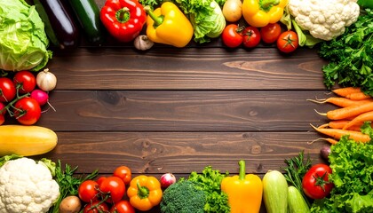Colorful fresh vegetables arranged on a wooden surface