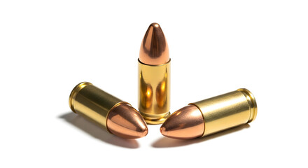 Unleashing Security Power Three Shiny Bullet Power Shots Close Up Precision Defense Ammunition Gold Casing Strength Copper Tips Protecting Force Arsenal Safety