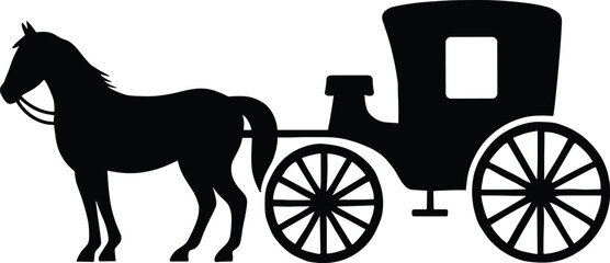 horse-drawn carriage with large spoked wheels and covered cabin silhouette