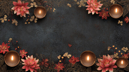 Festive Diwali backdrop with candles, flowers and dark textured background with space for text, copyspace, horizontal banner