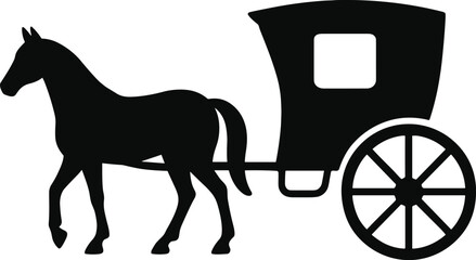 horse-drawn carriage with large spoked wheels and covered cabin silhouette