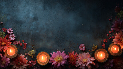 Festive Diwali backdrop with candles, flowers and dark textured background with space for text, copyspace, horizontal banner