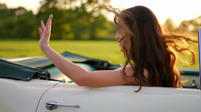 Young caucasian woman, long brown hair, leans from vintage car, arm outstretched. Backlit golden hour sunset over emerald field, warm bokeh, lens flares. Wanderlust concept