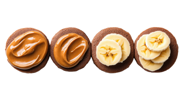 Chocolate cookies with peanut butter and banana slices on a Transparent Background