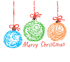 Colorful Christmas hanging ball design element set. Holiday ornament with thread. Crayon, pastel chalk or pencil kids hand drawing doodle funny style. Cartoon flat bright simple vector art collection
