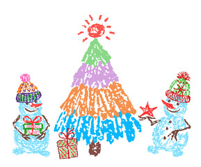 Christmas funny space area with tree and cute snowman in hat. Crayon, pastel chalk or pencil like kids hand drawing style. Gift, colorful holiday garland light. Cartoon flat vibrant color scene vector