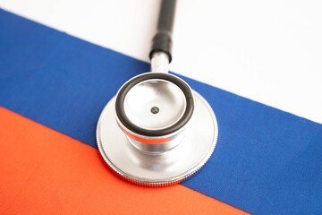 Russia flag with black stethoscope, Business and finance.