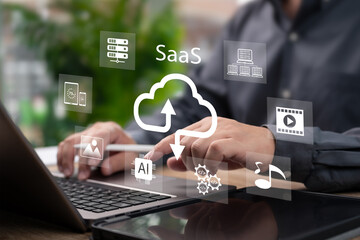 SaaS (Software as a Service) Concept, Businessman Show Virtual Interface of Cloud Software Services, Internet Technology, Online Network, Data Storage, Subscription Platform for Music, Video Streaming