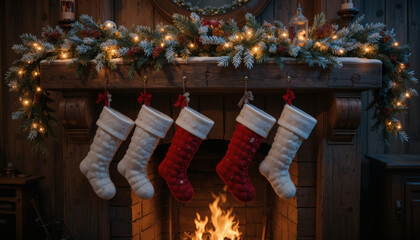 Christmas stockings hanging from a decorated fireplace mantel, twinkling lights above, rustic background