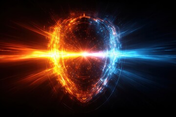 Obraz premium Glowing abstract energy field forms a central defensive barrier between opposing forces