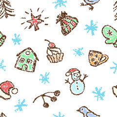 Christmas things seamless pattern. Holiday set. Tree, snowman, bird, Santa Claus hat, mitten. Crayon, pastel chalk or pencil kids hand drawing doodle funny background. Cartoon flat art simple vector