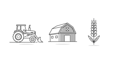 Detailed Line Art Illustration of a Farm Tractor with Front Loader, Side View.