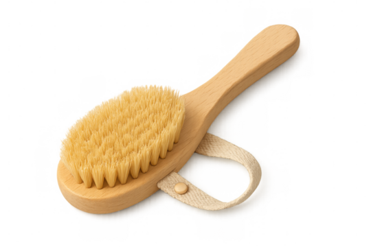 Wooden dry body brush with natural fibers for exfoliating and stimulating skin, promoting health and wellness