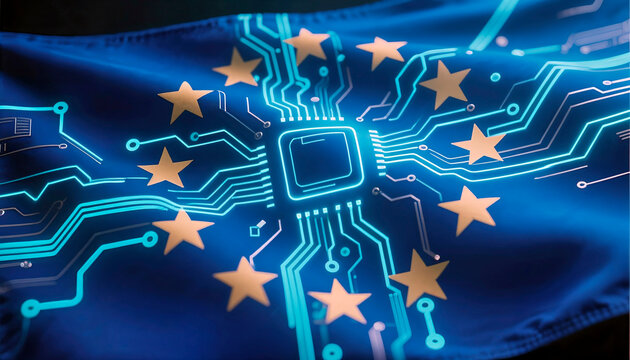 Conceptual image of the European Union flag with a glowing microchip and circuit board. Represents EU digital transformation, AI regulation, the AI Act, technology policy, data sovereignty in Europe