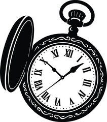 vintage pocket watch with ornate casing and open lid silhouette