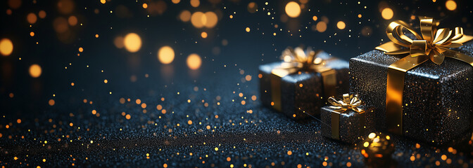 Black and gold gift boxes background with copy space