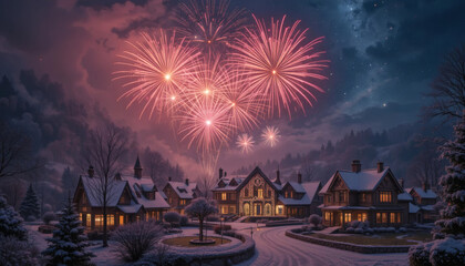 Fireworks lighting up the night sky over a snowy town decorated with Christmas lights